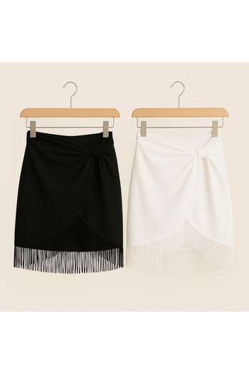 voops 2-Piece Women's White and Black Tasseled Tulle Pareo Beach Shawl 150X50