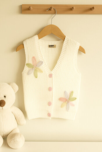 Nimini Kids New Season Flower Detailed Buttoned Knitwear Thessaloniki Knitted Baby Girl Children's Vest (0-8 Years)