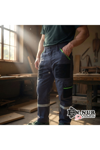 EN-NUR İŞ ELBİSELERİ En-Nur Workline Neon Green Detailed Multi-Pocket Summer Gray Work Trousers