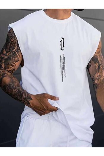 Shine Stone Men's White Vertical Striped Oversize Tank Top