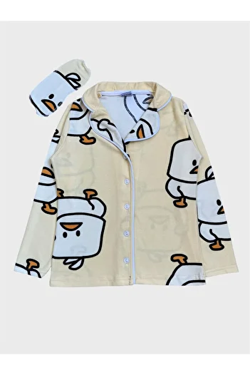 ALİŞ KİDS Girls' Cotton Fabric Suede Yellow Chick Patterned Sleep Banded Shirt Collar Pajama Set