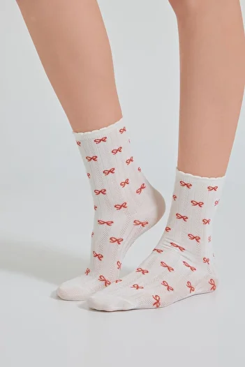 Katia&Bony Women's Ribbon Patterned Socks Ecru