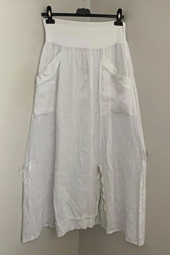 AYASOFYA OTANTIK Women's Italian White Waisted Elastic Pocket Leg Zipper Detailed Linen Long Skirt