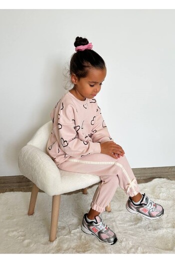 Pinkitokids Heart Printed Sweatshirt and Striped Tracksuit Set