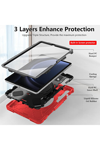 OEM Samsung Galaxy Tab S9 FE 11.9 2023 Shockproof Case, Military Grade, 3-Layer, Rotating Stand, Red