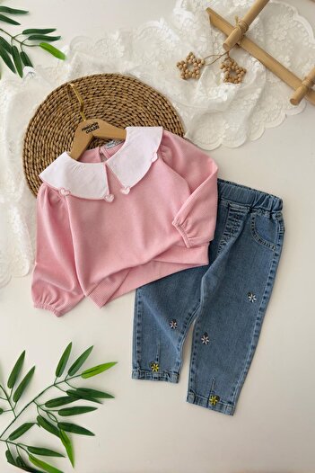 Minigimin Cicileri Little Girl's Girl's Suit with Heart Collar Detailed Embroidery Jeans - Pink