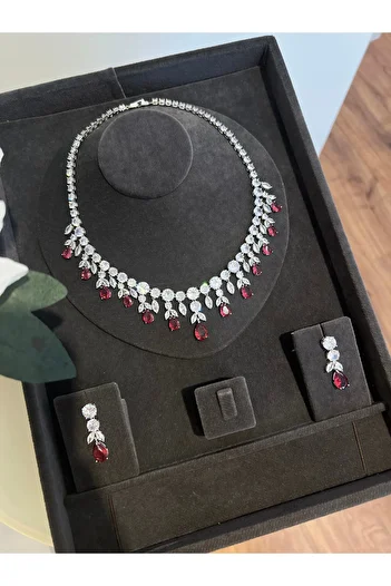 VİYA Azalea Red Zircon Stone Necklace Earring Set Wedding Engagement Set