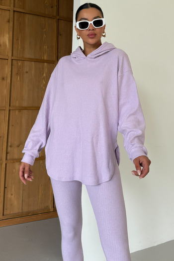 MODAGEN Set interlock pentru femei, cu glugă liliac, cu colanți cu funduri din twill