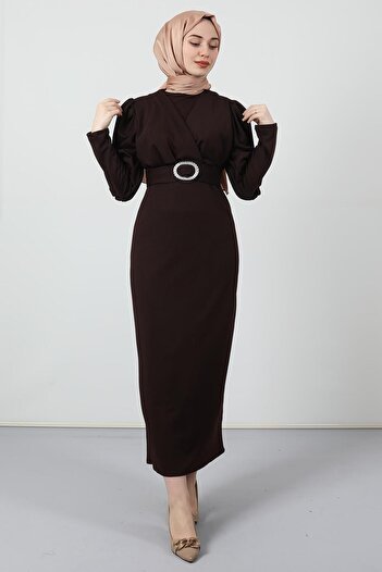 GİYZAMİLA Cross Collar Dress Bitter Brown