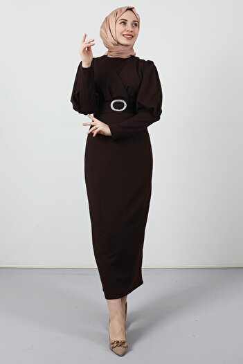 GİYZAMİLA Cross Collar Dress Bitter Brown