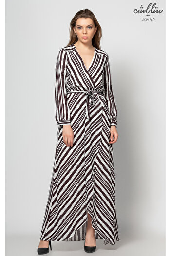 Stylish Long sleeve wrap maxi dress in black and white stripes for a soft look