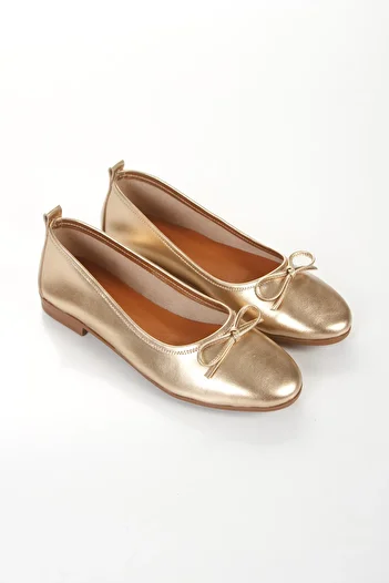 ÜNAL ÖZER Unal Ozer Women's Gold Genuine Leather Bow Ballerina Ballet Un001-063