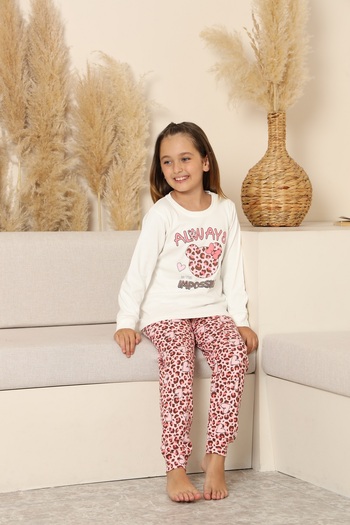 KAPİKİDS Long Sleeve Crew Neck Interlock Leopard Ecru Color Girls Pajama Set