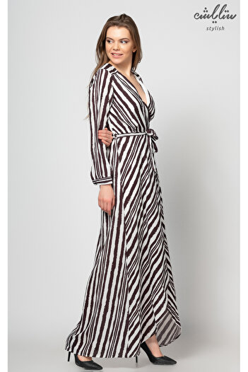 Stylish Long sleeve wrap maxi dress in black and white stripes for a soft look