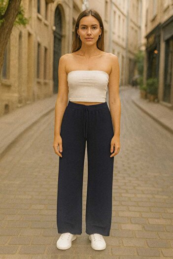 ECK MODA Women's Seersucker Fabric Waist Lace-Up Lycra Stretchy Slim Pocketless Pants