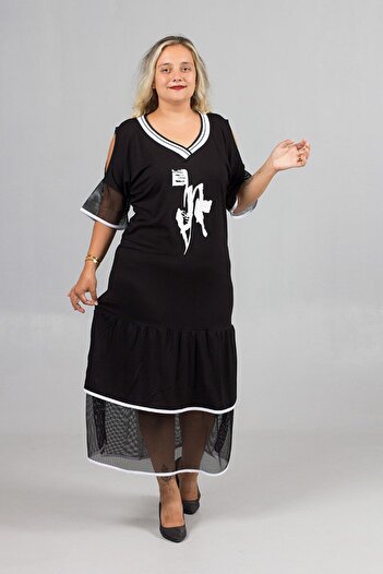 Truva XXL Plus Size Black Shoulder Detail Lycra Viscose Long Dress – Stylish and Comfortable Design
