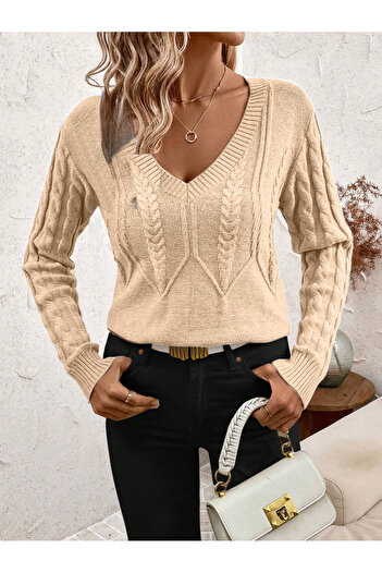 hanope Pulover de damă cu păr împletit cu decolteu în V Stone Knitwear