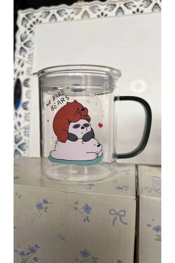 Generic We Bare Bears كوب زجاجي للشرب سعة 300 مل مع غطاء وقشة، كوب قهوة زجاجي، كوب حليب وعصير