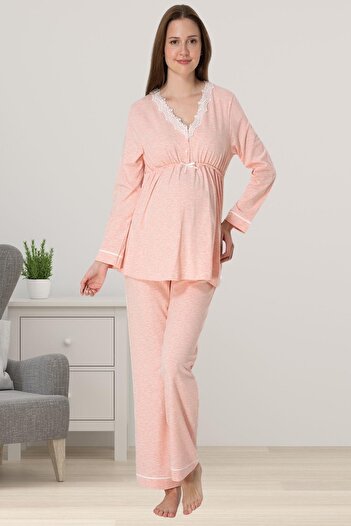 BLACKMORE Women's Pink Melange Collar Lace Maternity Pajama Set