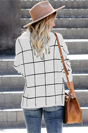 OEM Women's loose blouse, fine sweater, high collar, white plaid XL