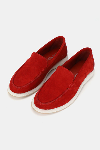 TUNAELLİ Women's Red Suede Khaki Natural Leather Loafer Shoes Number 36-41