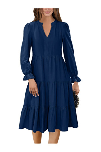 OEM Rochie lungă casual peste genunchi, cu mâneci lungi, Albastru L