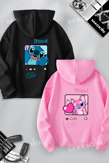 macklin Hanorac cu glugă unisex pentru cupluri Stitch și Angel Friends Love imprimat pe spate set de 2