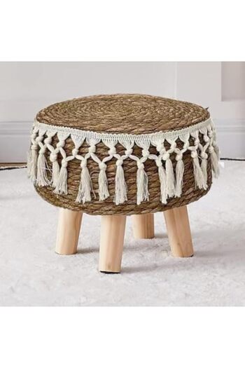 genric FFD Ottoman Footrest Stool – Handwoven Round Stool with Padded Cushion & Non-Skid Pine Legs