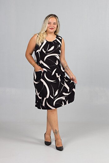 Truva XXL Plus Size Black Patterned Sleeveless Lycra Viscose Dress – Summer Chic with Front Pocket