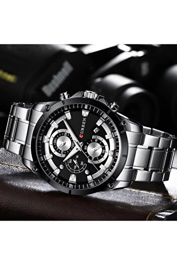 Curren 8360 Chronograph Men's Watch Stainless Steel Strap Black Dial Water Resistant