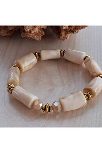 azra takı tasarım Handmade, Cream Coffee Moire Acrylic Elastic Women's Bracelet with Tube