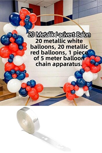 Parti dolabı 60's 20 Metallic Dark Blue, 20 White, 20 Red Colors Balloon and 5m Balloon Chain
