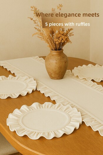KAMİZ 5 Piece Dowry Set with Ruffles - Ruffled Linen Runner 4 Pieces Ruffled American Service Supla Presentation