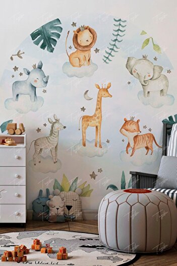 TUGİBU Round Circle Cute Animals Wall Sticker