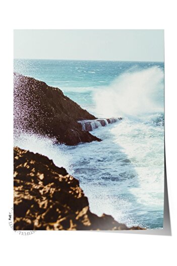 Postifull Frameless Poster, Summer Themed Painting No:253, Great Wave and Rocks Photo, White Poster, Vertical