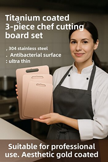 Gunesly 3-Piece Rose Gold Titanium Plated Stainless Steel Cutting Board, Antibacterial, 304 Quality. Healthy