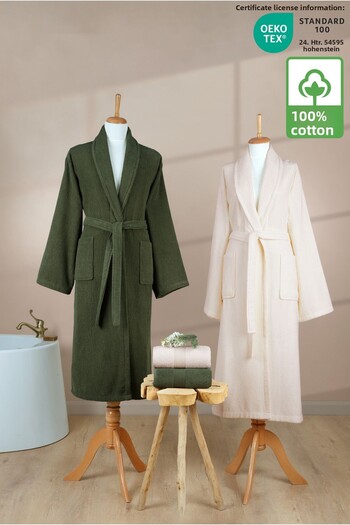 Ellaline 4 Piece Striped Bathrobe Set 100% Cotton Certified Family Towel Bathrobe Set Dowry Set Green - Cream