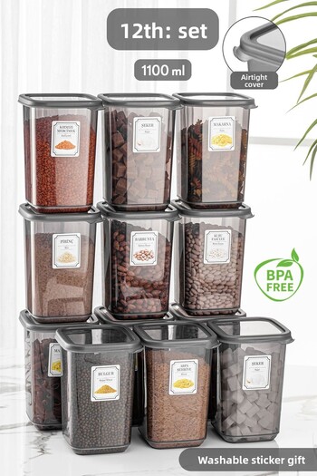 Meleni Home Set of 12 Large Size Square Food Storage Container with Pino Label Anthracite 12 X 1.10 Lt