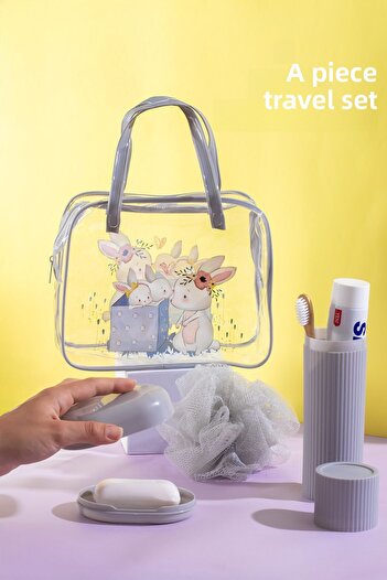 Porsima 3145 Rabbit Figured Travel Set - Toothbrush Box Bath Loofah Soap Box Travel Case Gray