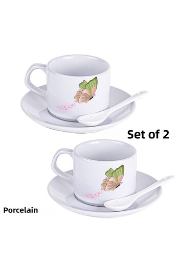 VRHediye Set of 2 Porcelain Coffee and Tea Cups with Special Design Patterns and Porcelain Spoon Gift