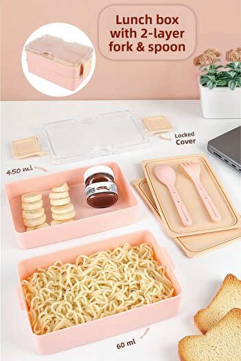 Meleni Home 2 Layer Ziplock Lunch Box - Lunch Box with Self-Fork Spoon Lunch Box Storage Container Pink