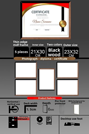 yhfoto 5 Pieces 21X30 Frame - Fine Slatted A4 Frame - 2 Colors Wood Black - Photo Certificate Frame