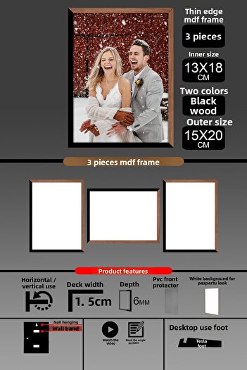 yhfoto 3Pcs 13X18 Frame - Fine Slatted Frame - 2 Colors Wood Black - 6mm Frame Photo Frame