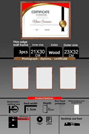 yhfoto 3 Pieces 21X30 Frame - Thin Slatted A4 Frame - Wooden Frame - Photo Certificate Frame