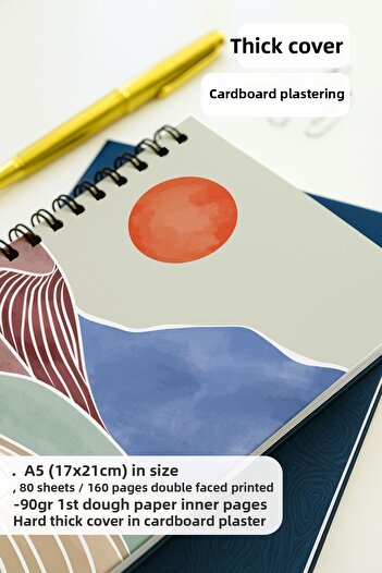 Eldesen Tasarım A5 Spiral Thick Cover Unlined Notepad, 80 Sheets 160 Pages, Orange Boholo