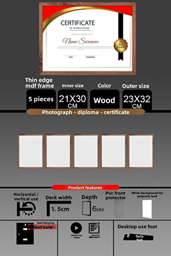 yhfoto 5 Pieces 21X30 Frame - Thin Slatted A4 Frame - Wooden Frame - Photo Certificate Frame