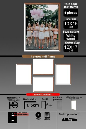 Bytwo 4 Pieces 10X15 Frame - Thin Slatted Frame - 2 Colors White Wood - 6mm Frame Photo Frame