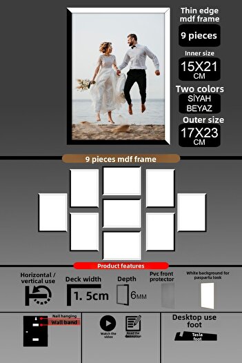 Bytwo 9Pcs 15X21 Frame - Thin Slatted A5 Frame - 2 Colors Black White - 6mm Photo Frame