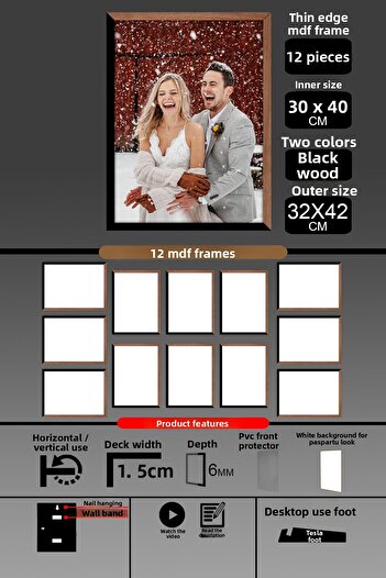 bymat 12 Pieces 30X40 Frame - Thin Slatted A3 Frame - 2 Colors Wood Black - 6mm Photo Frame
