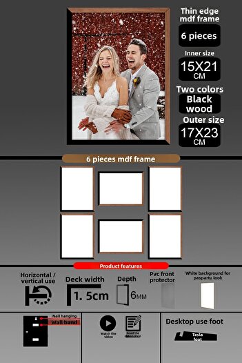 bymat 6 Pieces 15X21 Frame - Thin Slatted A5 Frame - 2 Colors Wood Black - 6mm Photo Frame